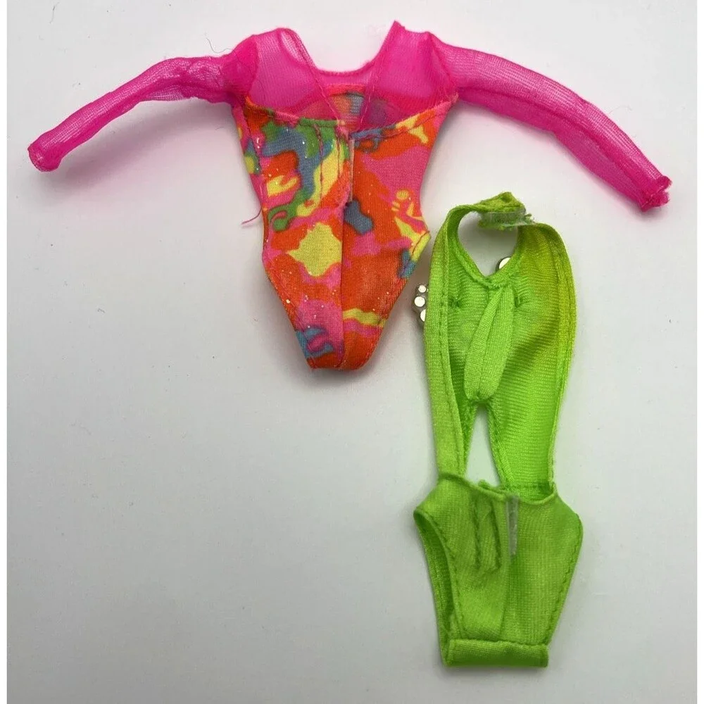 Vintage Barbie Doll Open Back Sun Jewel Swimsuit Neon Green/Gymnastics Outfit